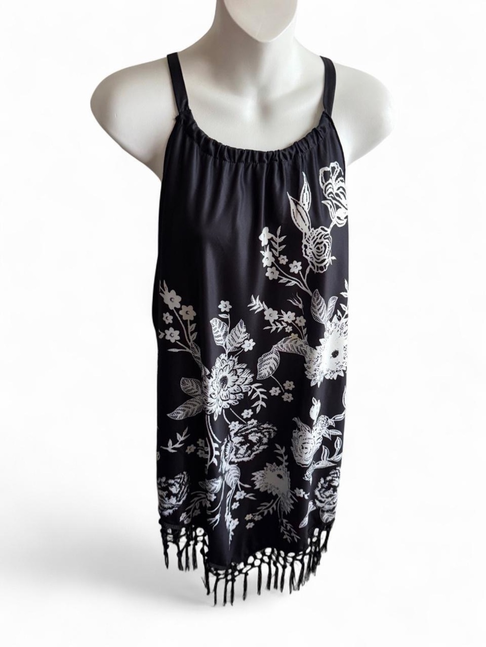 Black and White Floral Cover-Up with Black Fringe